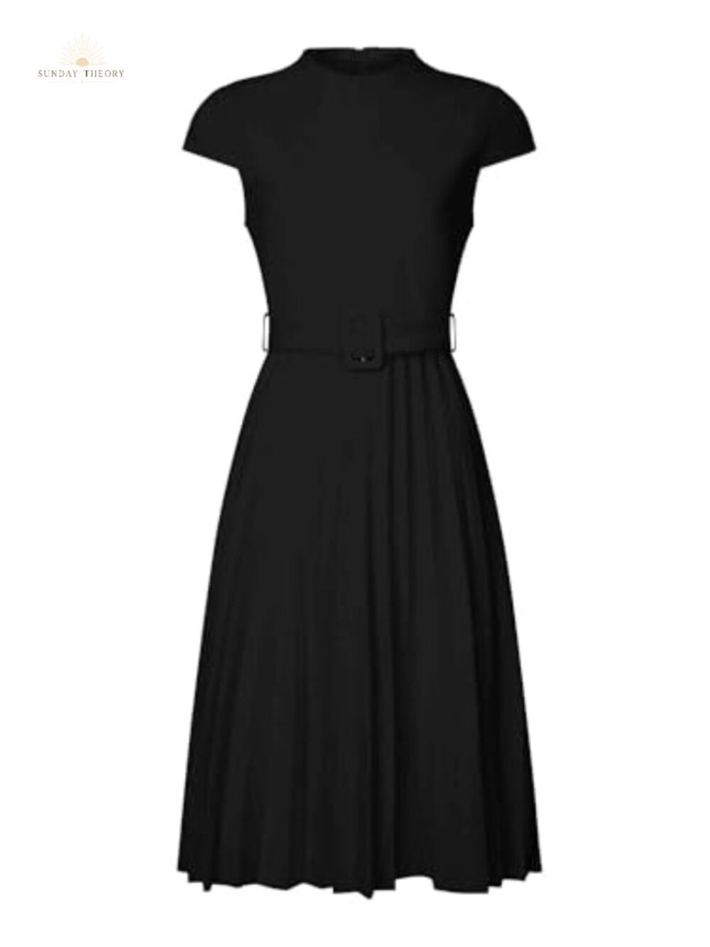 Pleated Belted A-Line Dress Mock Neck Cap Sleeve Knee-Length Office